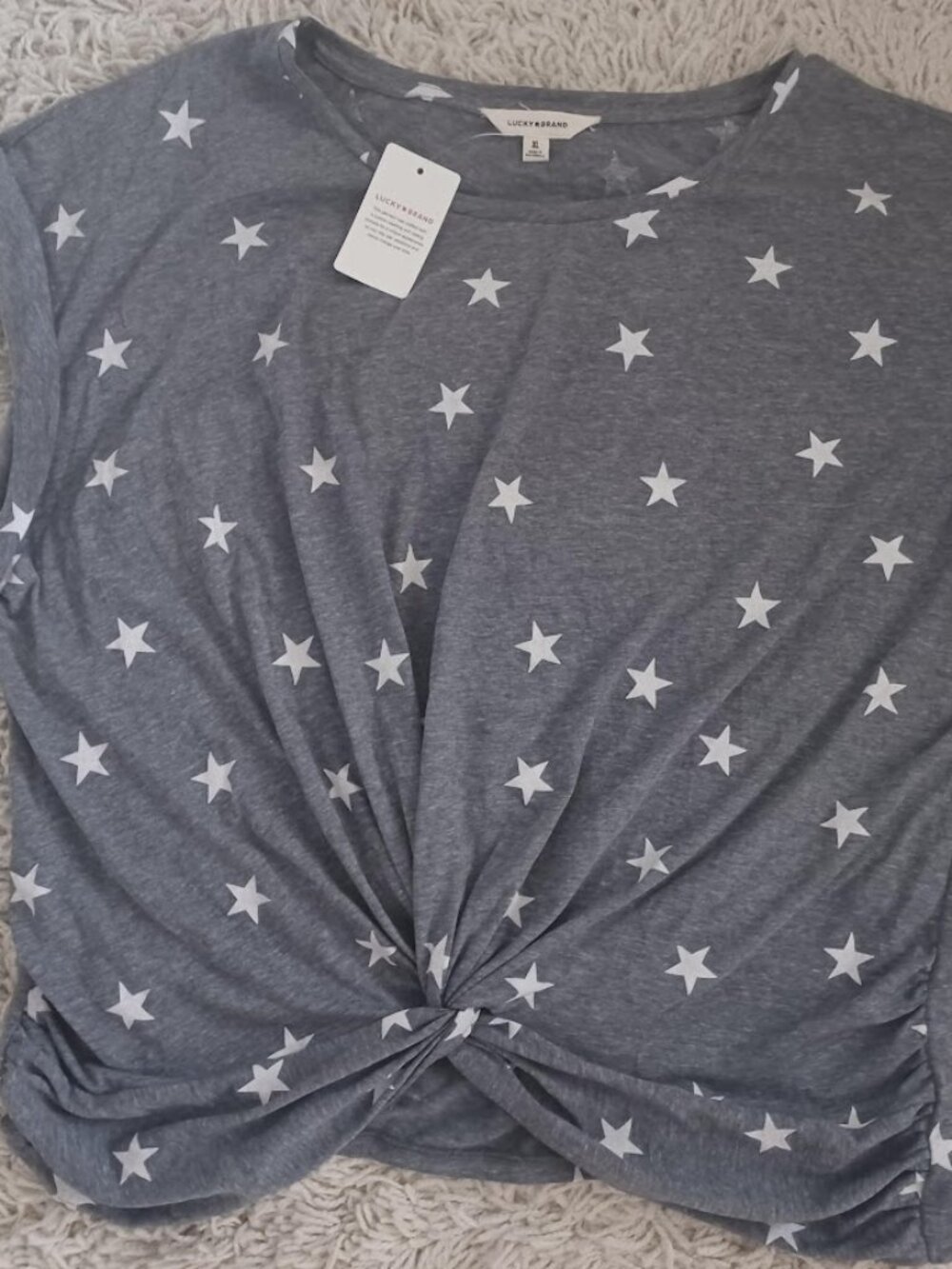Lucky Brand XL Gray White Star Print Twist Front Tee Top Rolled Sleeve NWT